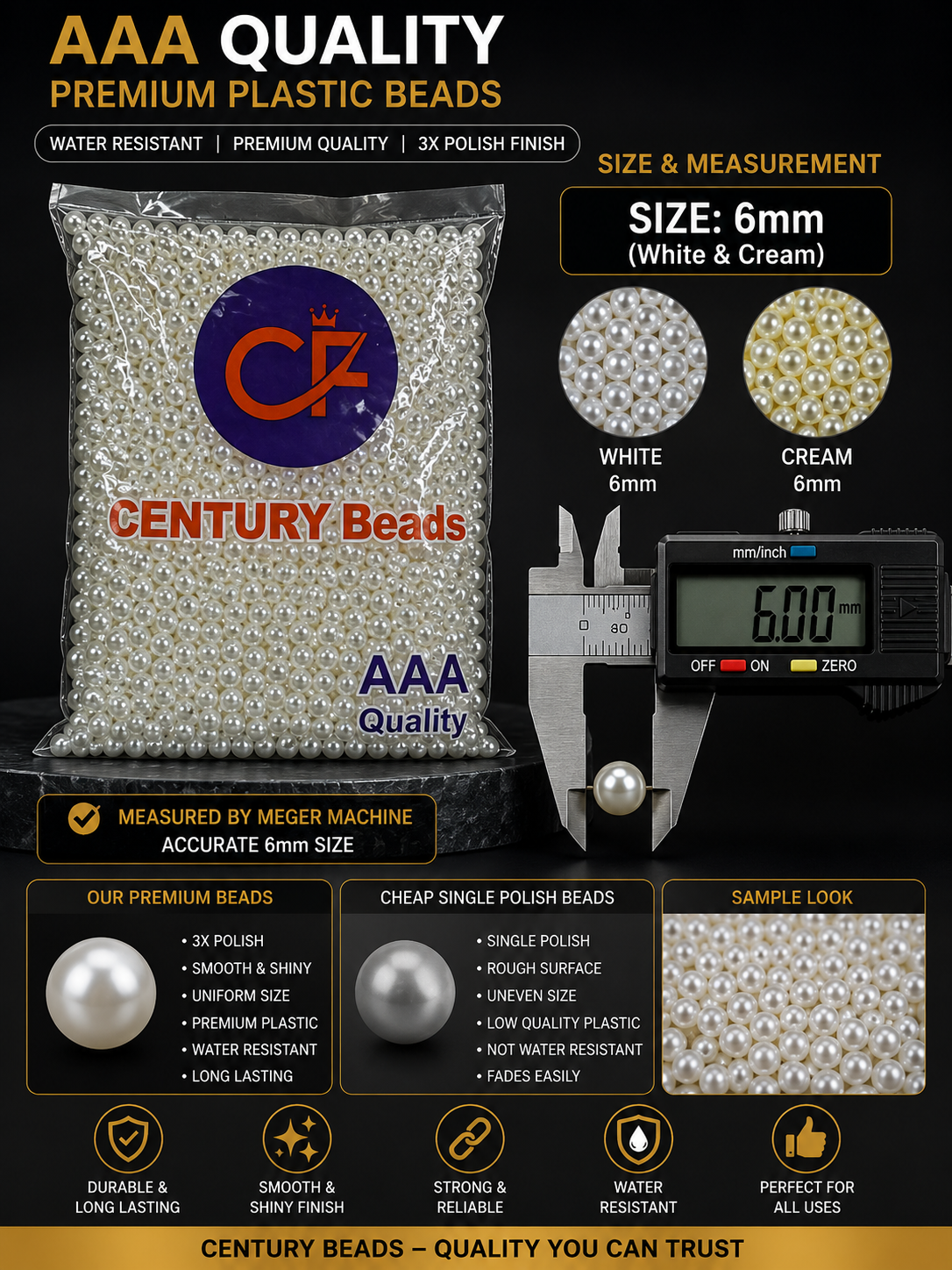AAA 6mm Quality Premium Plastic Pearl Beads
