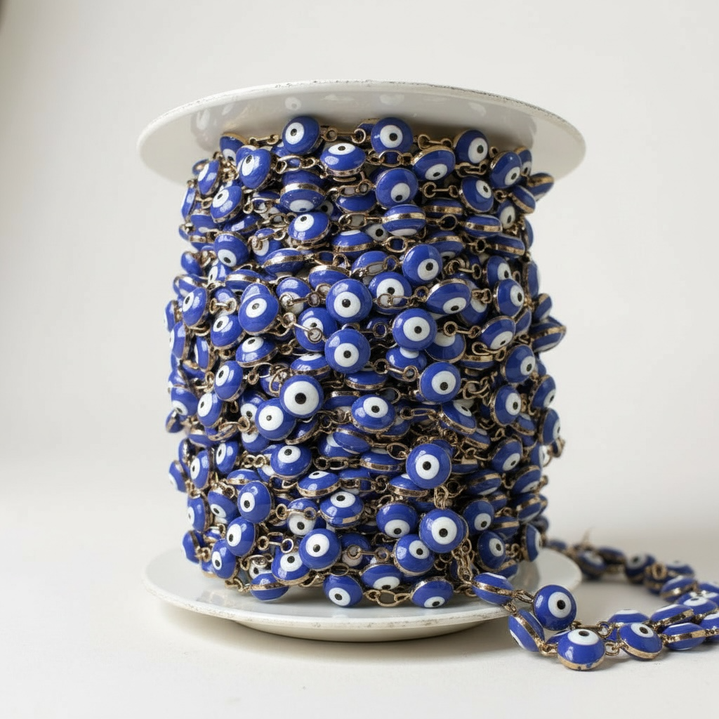 Blue Evil Eye Brass Chain for Jewellery Making | Nazar Protection Chain | Century Fancy Beads