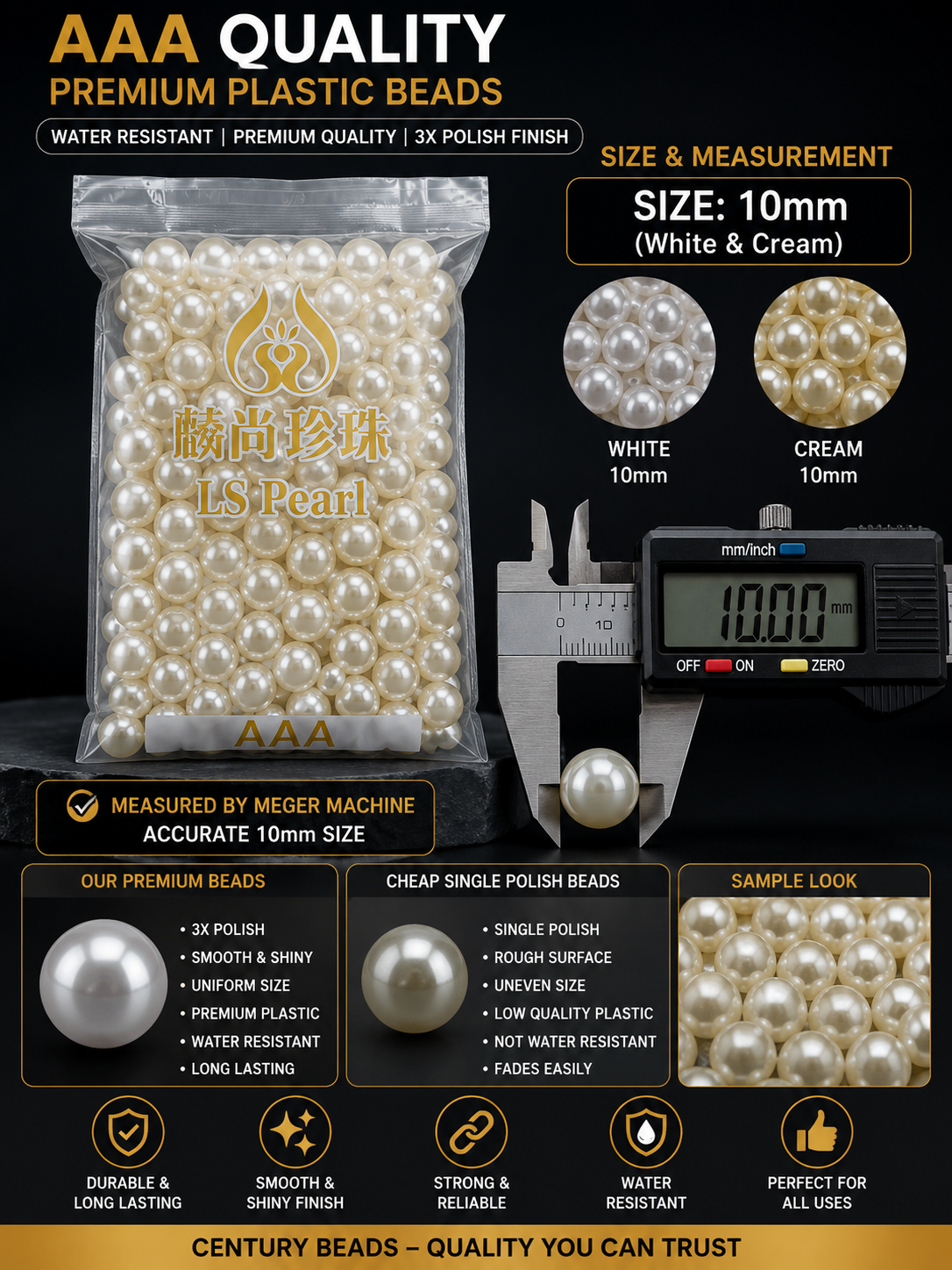 AAA 10mm Quality Premium Plastic Pearl Beads