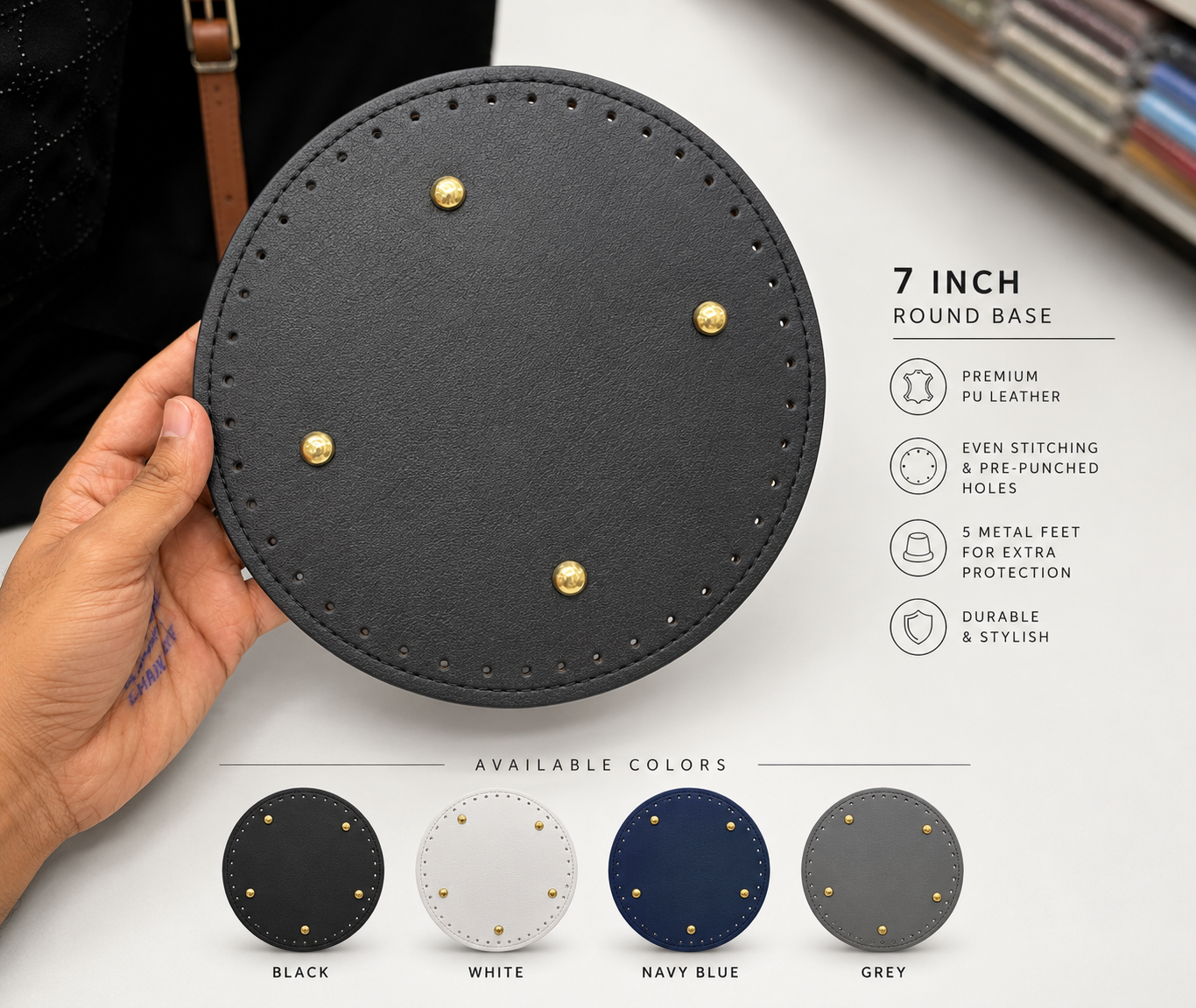 ROUND Leather Bag Base Panel 17.5cm x17.5cm  for Crochet & DIY Handbags