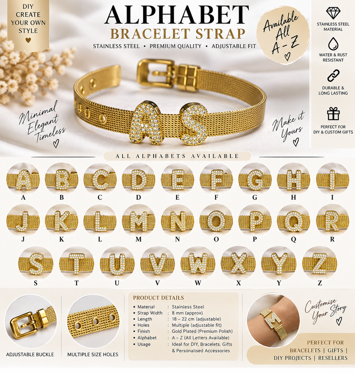 DAIMOND Alphabet (BELT NOT  INCLUDED ) | Stainless Steel | imatation jewellery | Century Fancy Beads
