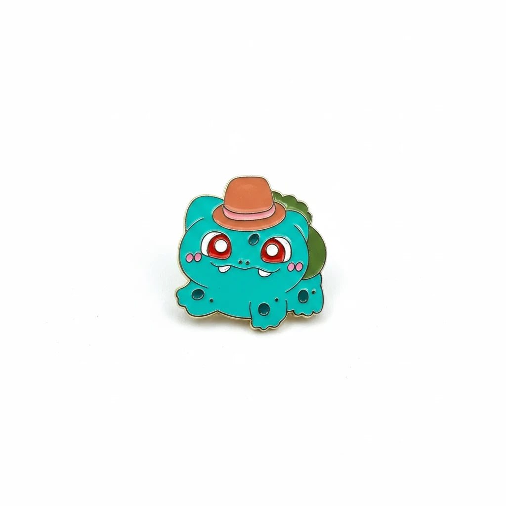 Century Fancy Beads Pokémon Bulbasaur enamel lapel pin wearing a brown hat on a white background
