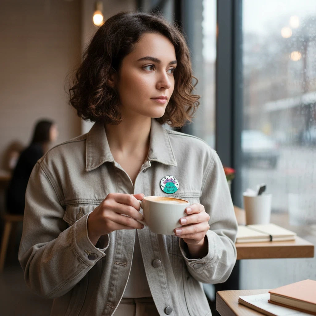 Century Fancy Beads enamel brooch pin with I WANT TO LEAVE text worn by a woman in a cafe holding a coffee cup