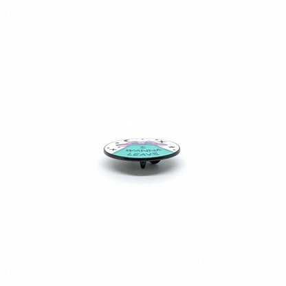 Century Fancy Beads enamel brooch pin featuring a teal and pink UFO design with the text I WANNA LEAVE
