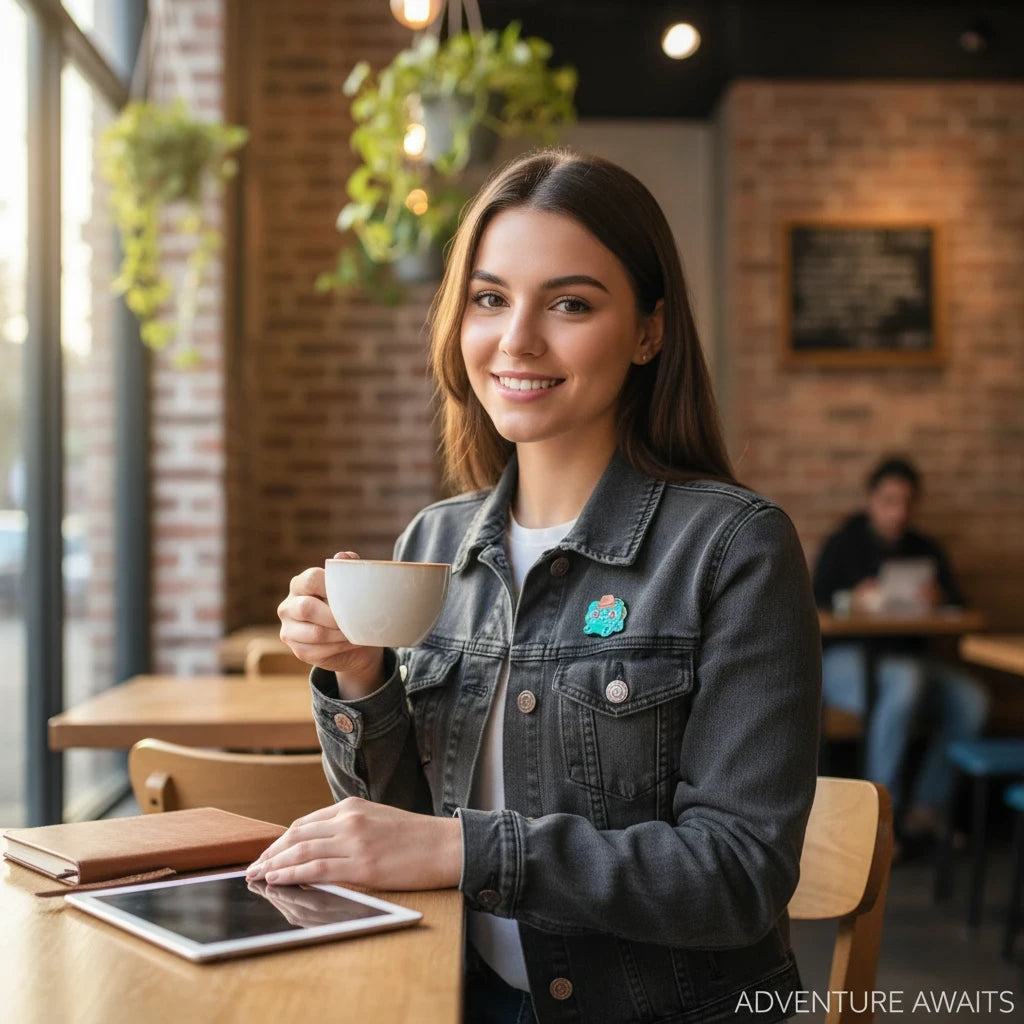 Century Fancy Beads UFO enamel lapel pin on a woman's denim jacket while she drinks coffee in a cafe